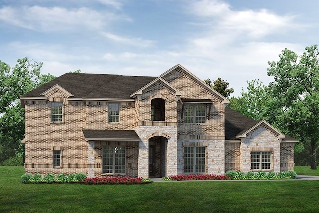 french provincial home with a front yard, brick siding, and roof with shingles