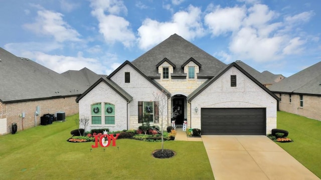 french provincial home featuring central AC unit, a front yard, and a garage