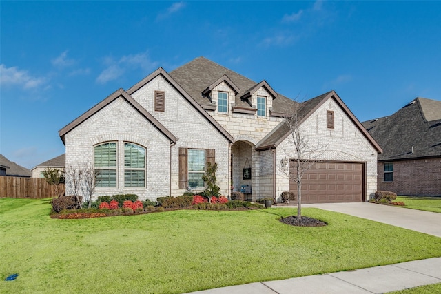 french country inspired facade featuring a garage and a front yard