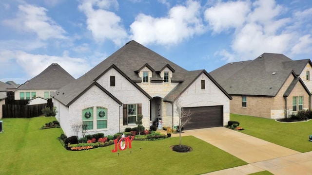 french country style house with a front yard and a garage