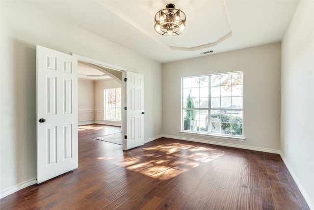 unfurnished room with a raised ceiling, plenty of natural light, and dark hardwood / wood-style floors