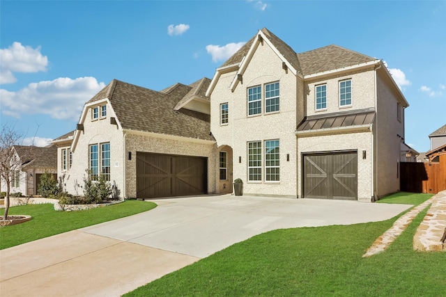 view of front of house with a garage and a front lawn