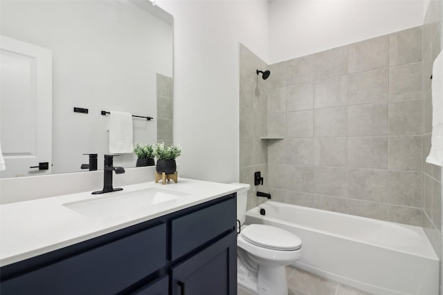 bathroom with a shower with door, tile patterned floors, toilet, and vanity