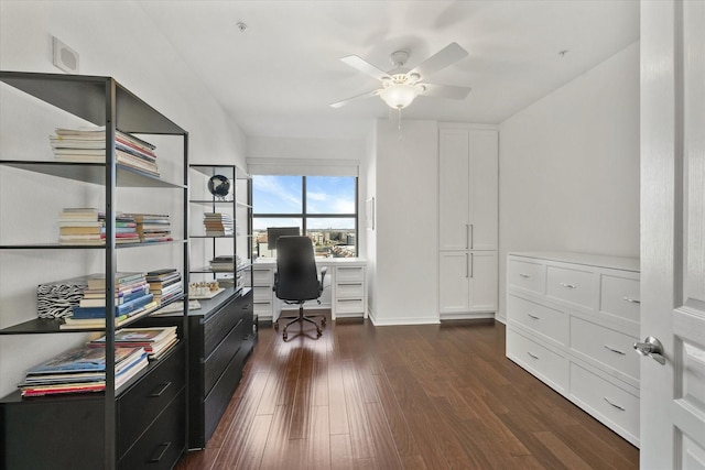 office space featuring dark wood-type flooring and ceiling fan