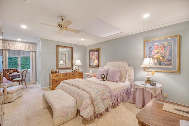 bedroom featuring light colored carpet, ceiling fan, and ornamental molding