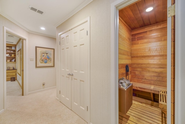 view of sauna / steam room featuring carpet