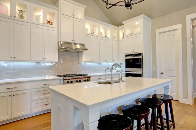 kitchen featuring sink, stainless steel appliances, white cabinetry, and an island with sink