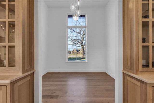 unfurnished dining area featuring a wealth of natural light, baseboards, and wood finished floors