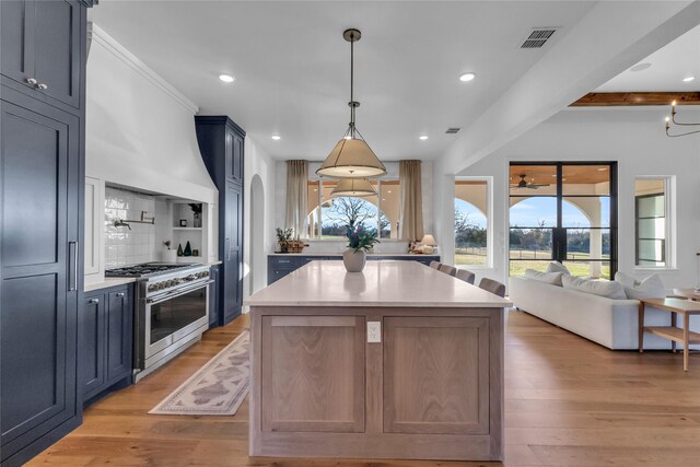 kitchen featuring high end range, light wood-type flooring, and a healthy amount of sunlight