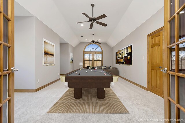 game room with ceiling fan, light carpet, vaulted ceiling, and billiards