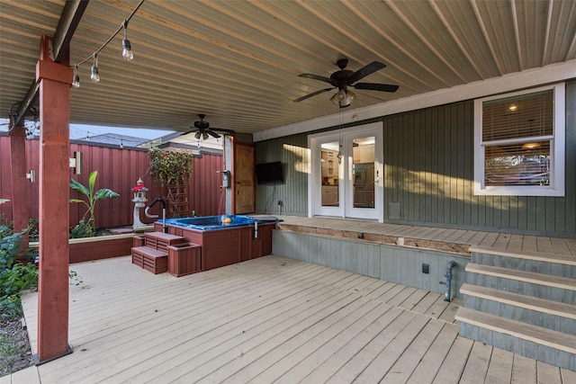 wooden terrace with french doors and ceiling fan