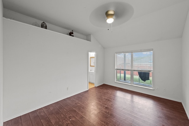 unfurnished room with hardwood / wood-style flooring, ceiling fan, and lofted ceiling