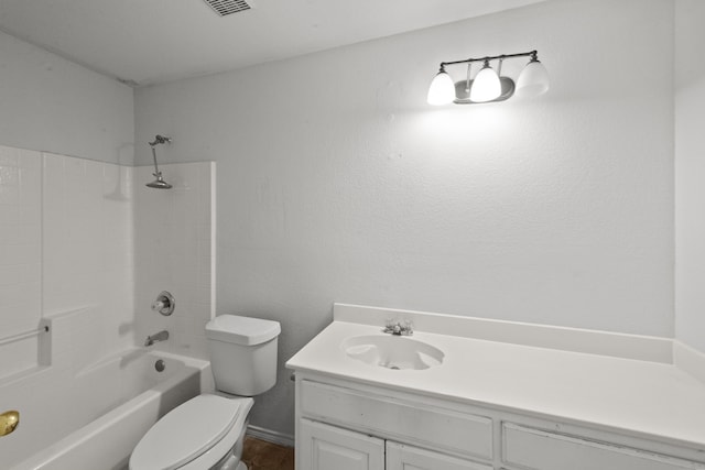 full bathroom with bathing tub / shower combination, vanity, and toilet