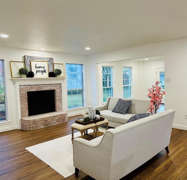 living room with a fireplace and dark wood-type flooring