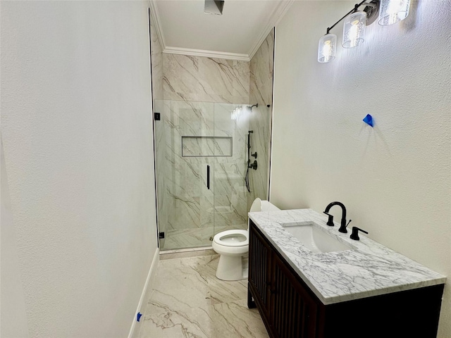 bathroom featuring vanity, toilet, a marble finish shower, marble finish floor, and baseboards