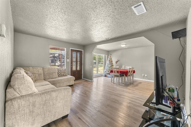 living room featuring hardwood / wood-style floors and a textured ceiling