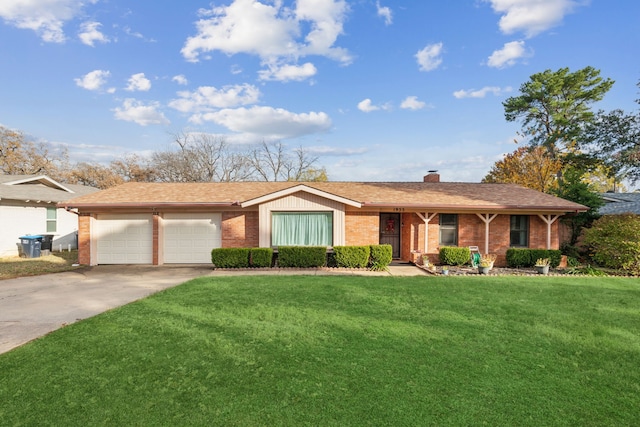 ranch-style house featuring a front yard and a garage