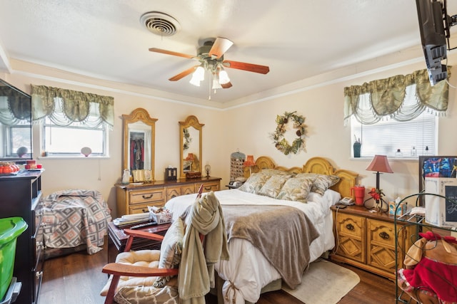 bedroom featuring ceiling fan, dark hardwood / wood-style flooring, and multiple windows