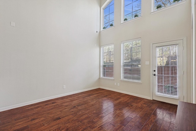 doorway to outside featuring a towering ceiling and dark hardwood / wood-style flooring