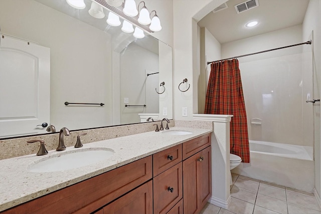 full bathroom with shower / tub combo with curtain, vanity, toilet, and tile patterned flooring