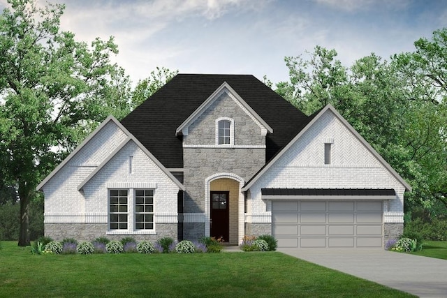 view of front of property with a front yard and a garage