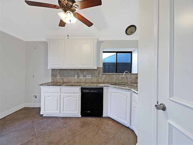 817 Foxridge Dr, Arlington, TX 76017 - kitchen featuring black dishwasher, backsplash, dark stone counters, white cabinetry, and ornamental molding