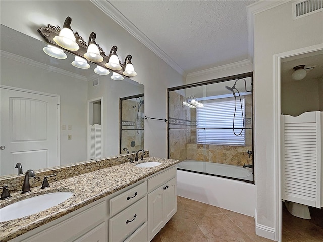 817 Foxridge Dr, Arlington, TX 76017 - bathroom with double vanity, ornamental molding, shower / bathtub combination, tile patterned floors, and a textured ceiling
