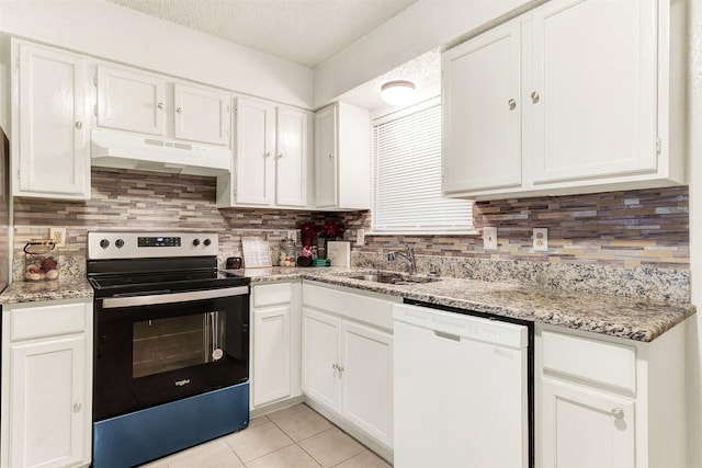 kitchen with sink, stainless steel electric range, white cabinets, and dishwasher