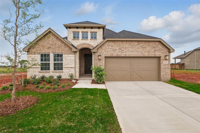 16213 Hidden Cove Dr, Celina, TX 75009 - view of front of property with fence, brick siding, a garage, stone siding, and driveway