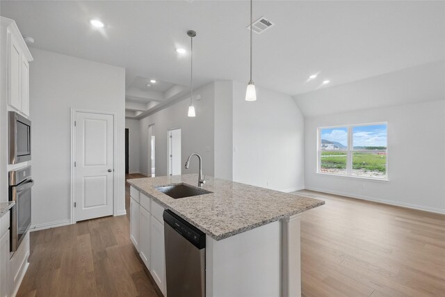 16213 Hidden Cove Dr, Celina, TX 75009 - kitchen with visible vents, light wood-style floors, open floor plan, a sink, and stainless steel appliances