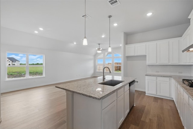 16213 Hidden Cove Dr, Celina, TX 75009 - kitchen with a ceiling fan, visible vents, wood finished floors, a sink, and stainless steel appliances