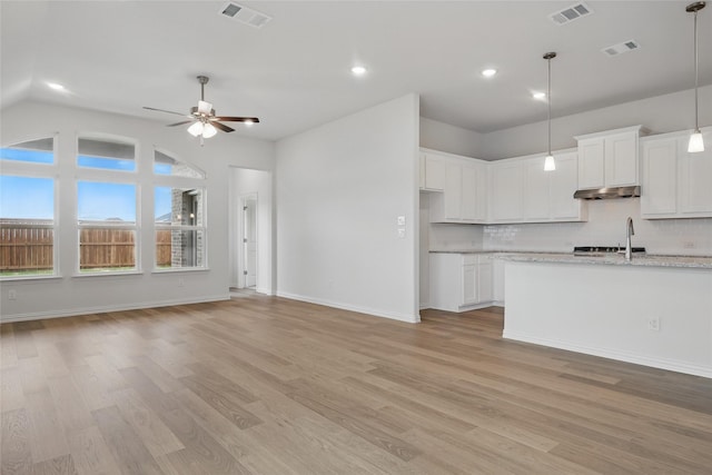 16213 Hidden Cove Dr, Celina, TX 75009 - kitchen featuring visible vents, light wood finished floors, and backsplash