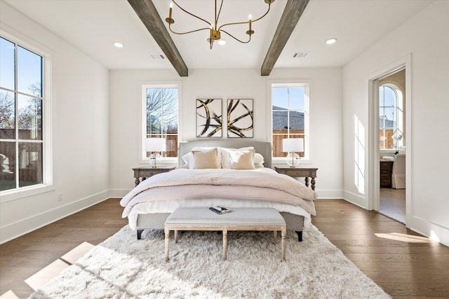 bedroom featuring beamed ceiling, dark hardwood / wood-style flooring, and a chandelier