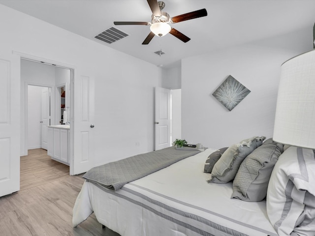 bedroom with light wood-style floors, visible vents, and ceiling fan