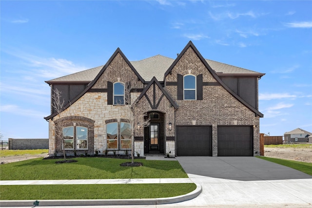 view of front of home featuring stone siding, roof with shingles, concrete driveway, a front yard, and brick siding