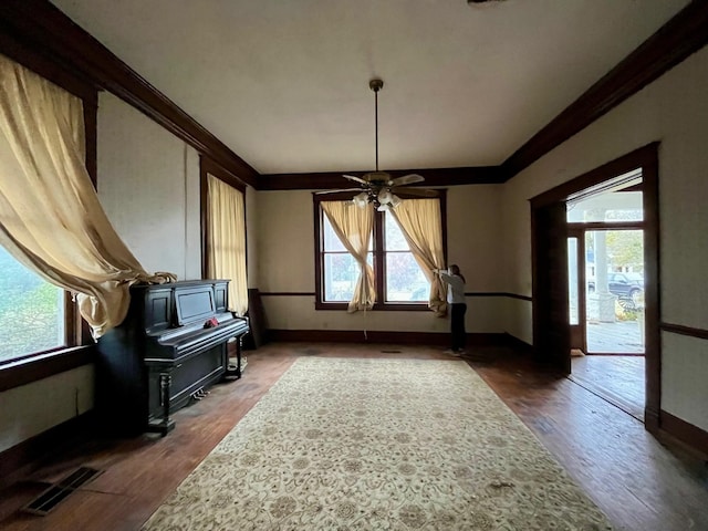 interior space with dark hardwood / wood-style floors, a healthy amount of sunlight, ornamental molding, and ceiling fan