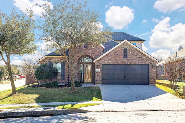 front facade with a garage and a front yard