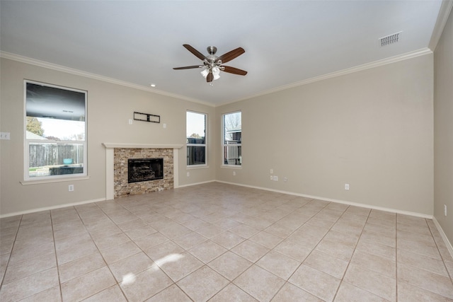 unfurnished living room featuring ceiling fan, crown molding, and light tile patterned flooring