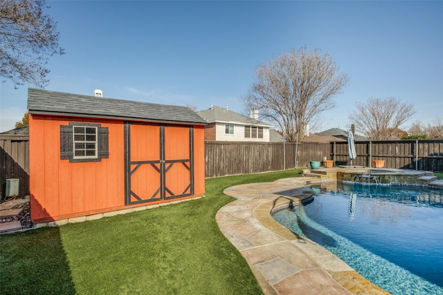 view of swimming pool with an in ground hot tub, a storage shed, and a lawn