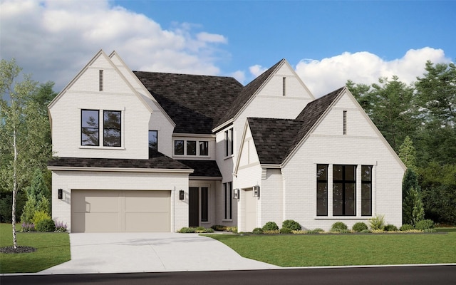 view of front of home with a front yard and a garage