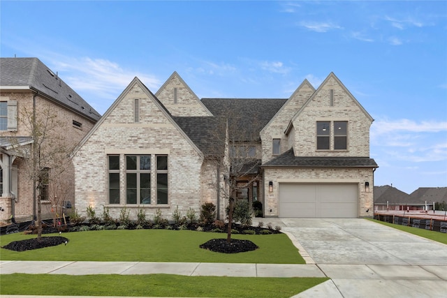 view of front of property featuring a garage and a front lawn