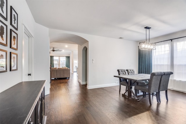 dining space featuring ceiling fan, plenty of natural light, and dark hardwood / wood-style flooring