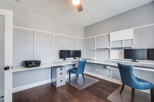 home office featuring built in desk, ceiling fan, and dark wood-type flooring