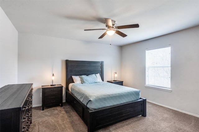 bedroom with ceiling fan and dark carpet