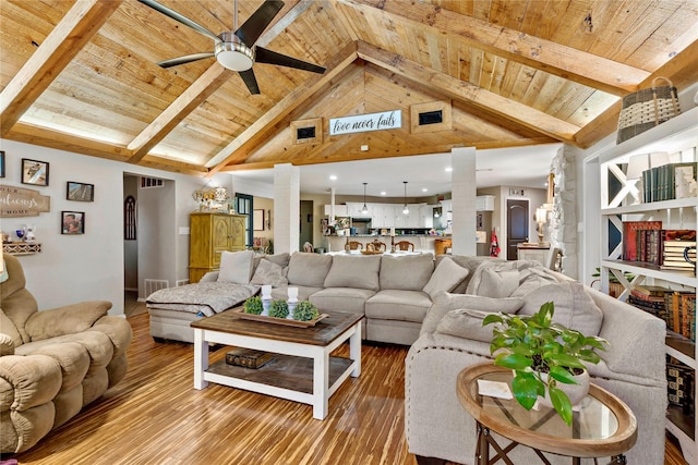 living room featuring wooden ceiling, visible vents, and wood finished floors