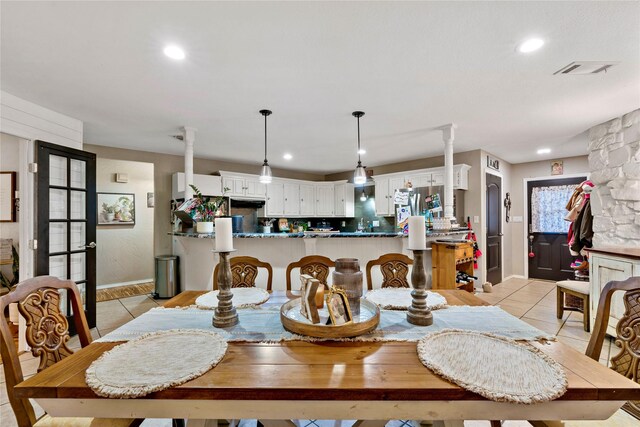 dining room with recessed lighting, visible vents, ornate columns, and light tile patterned floors