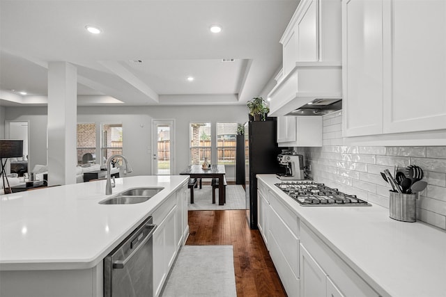 kitchen featuring a raised ceiling, a kitchen island with sink, sink, and stainless steel appliances