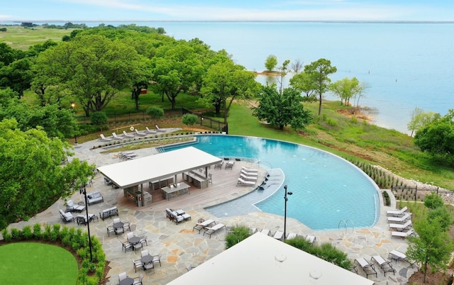 view of pool with a water view and a patio