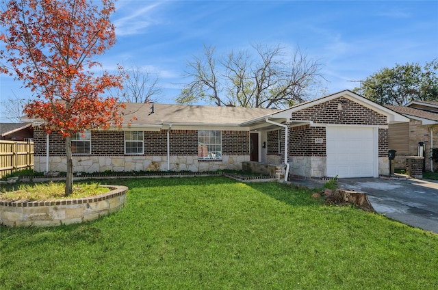 ranch-style house featuring fence, a garage, stone siding, driveway, and a front lawn