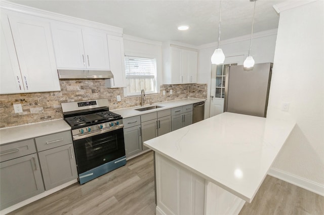 kitchen featuring under cabinet range hood, stainless steel appliances, a sink, gray cabinets, and decorative backsplash